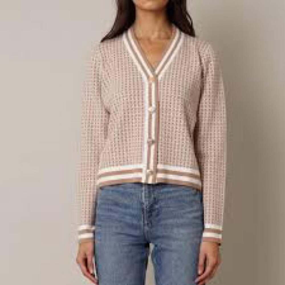 Cyrus Geo Knit Cardigan Size M Cream Camel Gold Crest Buttons